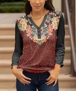 Lily | Black & Red Floral Leopard Pleated Notch Neck Button-Front Tunic - Plus