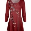 Lily | Red & Gray Cherry Blossom Pleated Long-Sleeve Tunic - Women