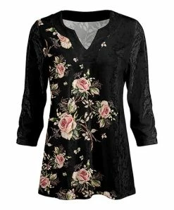 Lily | Black & Pink Rose Floral Notch Neck Velvet Tunic - Plus