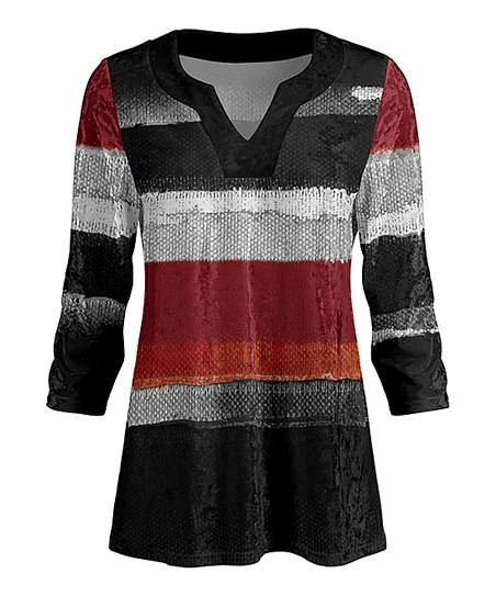 Lily | Black & Red Brushstroke Stripes Notch Neck Velvet Tunic - Plus 1 Lily | Black & Red Brushstroke Stripes Notch Neck Velvet Tunic - Plus