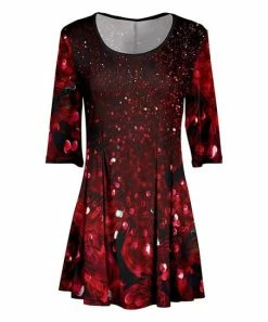 Lily | Black & Red Floral Sparkle-Print Pleated Three-Quarter Sleeve Tunic - Women