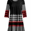Lily | Black & Red Houndstooth & Stripe Pleated Three-Quarter Sleeve Tunic - Women