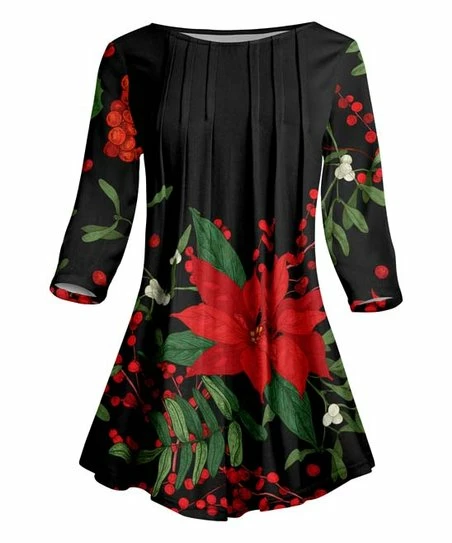 Lily | Black & Red Poinsettia Pleated A-Line Tunic - Women & Plus 1 Lily | Black & Red Poinsettia Pleated A-Line Tunic - Women & Plus