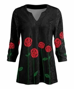 Lily | Black & Red Rose Floral Notch Neck Velvet Tunic - Women