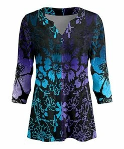 Lily | Turquoise & Purple Floral Notch Neck Velvet Tunic - Women