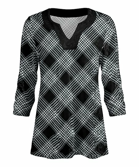 Lily | Black & White Plaid Notch Neck Velvet Tunic - Plus 1 Lily | Black & White Plaid Notch Neck Velvet Tunic - Plus