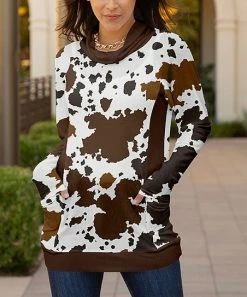 Lily | Brown & White Cow Pocket Cowl Neck Sweater - Women