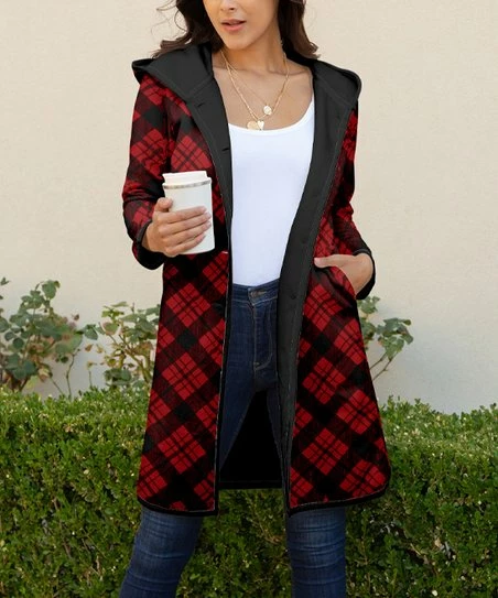 Lily | Red & Black Diamond Plaid Pocket Sherpa Hooded Coat - Plus 1 Lily | Red & Black Diamond Plaid Pocket Sherpa Hooded Coat - Plus