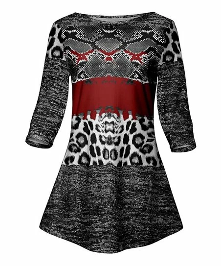 Lily | Gray & Red Animal-Print Three-Quarter Sleeve Tunic - Plus 1 Lily | Gray & Red Animal-Print Three-Quarter Sleeve Tunic - Plus