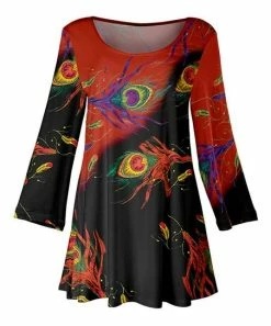 Lily | Red & Black Peacock Feather Scoop Neck Tunic - Plus