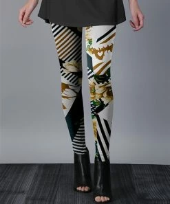 Lily | Black & Beige Floral Stripe Leggings - Plus