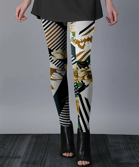 Lily | Black & Beige Floral Stripe Leggings - Plus 1 Lily | Black & Beige Floral Stripe Leggings - Plus