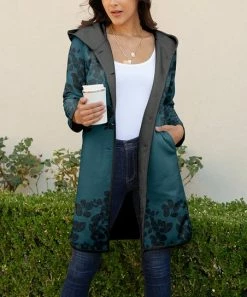 Lily | Black & Blue Floral Fleece Pocket Hooded Coat - Women