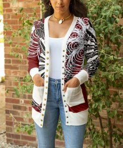 Lily | Red & White Abstract Contrast Pocket Cardigan - Plus