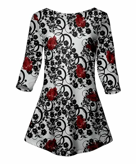 Lily | Black & Red Floral Boatneck A-Line Tunic - Women 1 Lily | Black & Red Floral Boatneck A-Line Tunic - Women