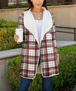 Lily | Red & White Plaid Teddy Sherpa Open Cardigan - Women