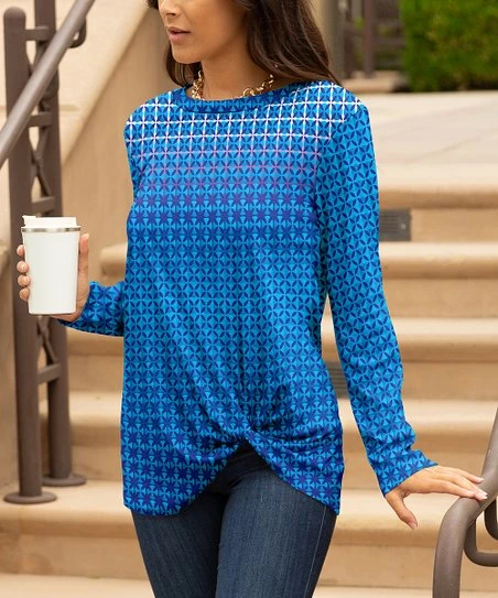 Lily | Blue & White Geometric Crewneck Tunic - Women 1 Lily | Blue & White Geometric Crewneck Tunic - Women