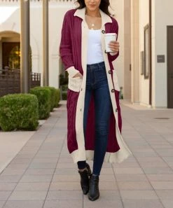 Lily | Dark & Rose Color Block Cable-Knit Pocket Button-Up Duster - Women