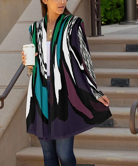 Lily | Purple & Teal Abstract Longline Open Cardigan - Plus 1 Lily | Purple & Teal Abstract Longline Open Cardigan - Plus
