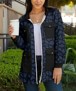 Lily | Navy & Black Abstract Pocket Sherpa-Lined Zip-Up Jacket - Women