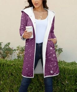 Lily | Purple & White Starry Sky Fleece Hooded Button-Up Jacket - Women