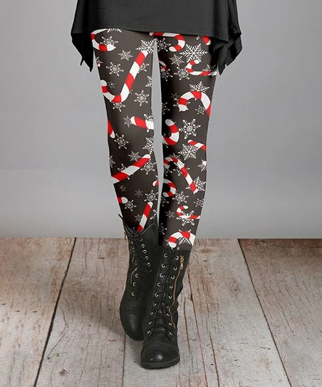 Lily | Gray & Red Snowflake & Candy Cane Leggings - Women 1 Lily | Gray & Red Snowflake & Candy Cane Leggings - Women