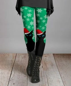Lily | Black & Green Snowflake & Santa Hat Cat Leggings - Women
