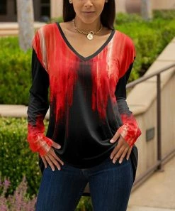 Lily | Black & Red Abstract Long-Sleeve V-Neck Tunic - Women