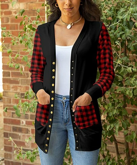 Lily | Black & Red Houndstooth Button-Up Cardigan - Plus 1 Lily | Black & Red Houndstooth Button-Up Cardigan - Plus