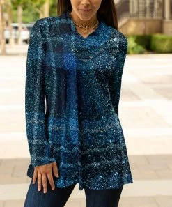 Lily | Turquoise & Navy Plaid Button Shawl-Collar Tunic - Women