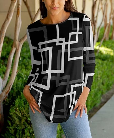 Lily | Black & White Abstract Geometric Three-Quarter Sleeve Tunic - Women 1 Lily | Black & White Abstract Geometric Three-Quarter Sleeve Tunic - Women