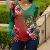 Lily | Green & Pink Ombré Floral Long-Sleeve V-Neck Tunic - Plus
