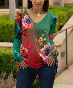 Lily | Green & Pink Ombré Floral Long-Sleeve V-Neck Tunic - Plus