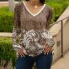 Lily | Brown & White Leaves Long-Sleeve V-Neck Tunic - Women