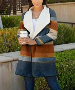 Lily | Rust & Navy Stripe Sherpa Swing Coat - Women