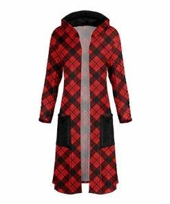 Lily | Red & Black Plaid Pocket Hooded Long Cardigan - Women