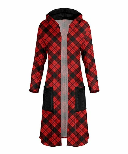 Lily | Red & Black Plaid Pocket Hooded Long Cardigan - Women 1 Lily | Red & Black Plaid Pocket Hooded Long Cardigan - Women
