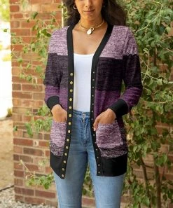 Lily | Purple & Black Color Block Pocket Snap-Up Cardigan - Women & Plus
