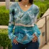 Lily | Turquoise & White Marble V-Neck Long-Sleeve Tunic - Plus