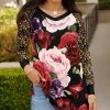 Lily | Black & Red Floral V-Neck Long-Sleeve Tunic - Plus