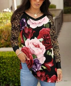 Lily | Black & Red Floral V-Neck Long-Sleeve Tunic - Plus