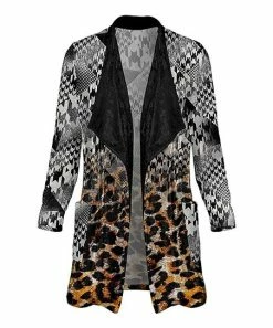 Lily | Black & Brown Leopard Houndstooth Pocket Velvet Open Cardigan - Women