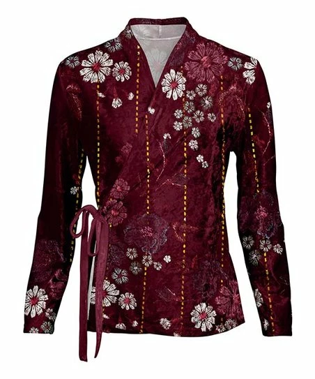 Lily | Purple & White Floral Velvet Long-Sleeve Wrap Top - Women 1 Lily | Purple & White Floral Velvet Long-Sleeve Wrap Top - Women