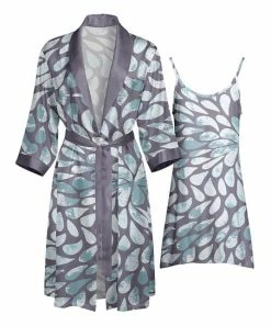 Lily | Aqua & Lavender Rain Drop Tie-Waist Satin Robe & Nightgown - Women