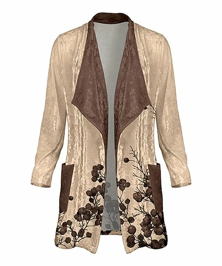 Lily | Brown & Beige Floral Velvet Pocket Open Cardigan - Women 1 Lily | Brown & Beige Floral Velvet Pocket Open Cardigan - Women