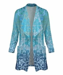 Lily | Turquoise & Navy Medallion Pocket Velvet Open Cardigan - Plus