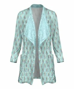 Lily | Turquoise & Yellow Geometric Pocket Velvet Open Cardigan - Plus