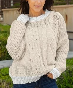 Lily | Cream & White Contrast-Trim Cable-Knit Crewneck Sweater - Women