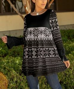 Lily | Black & Gray Geometric Poet-Sleeve Swing Tunic - Plus