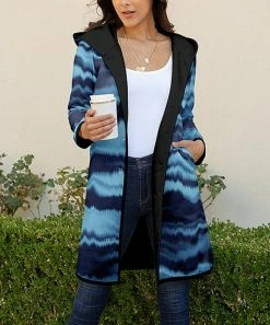 Lily | Navy Blue Ikat Stripe Button-Up Hooded Fleece Coat - Plus